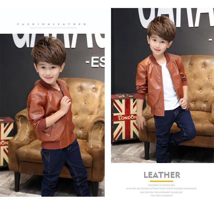 Boys Coats Autumn Winter Fashion Children's Plus Velvet / No Velvet Two styles Warming Cotton PU Leather Jacket For 1-11Y Kids