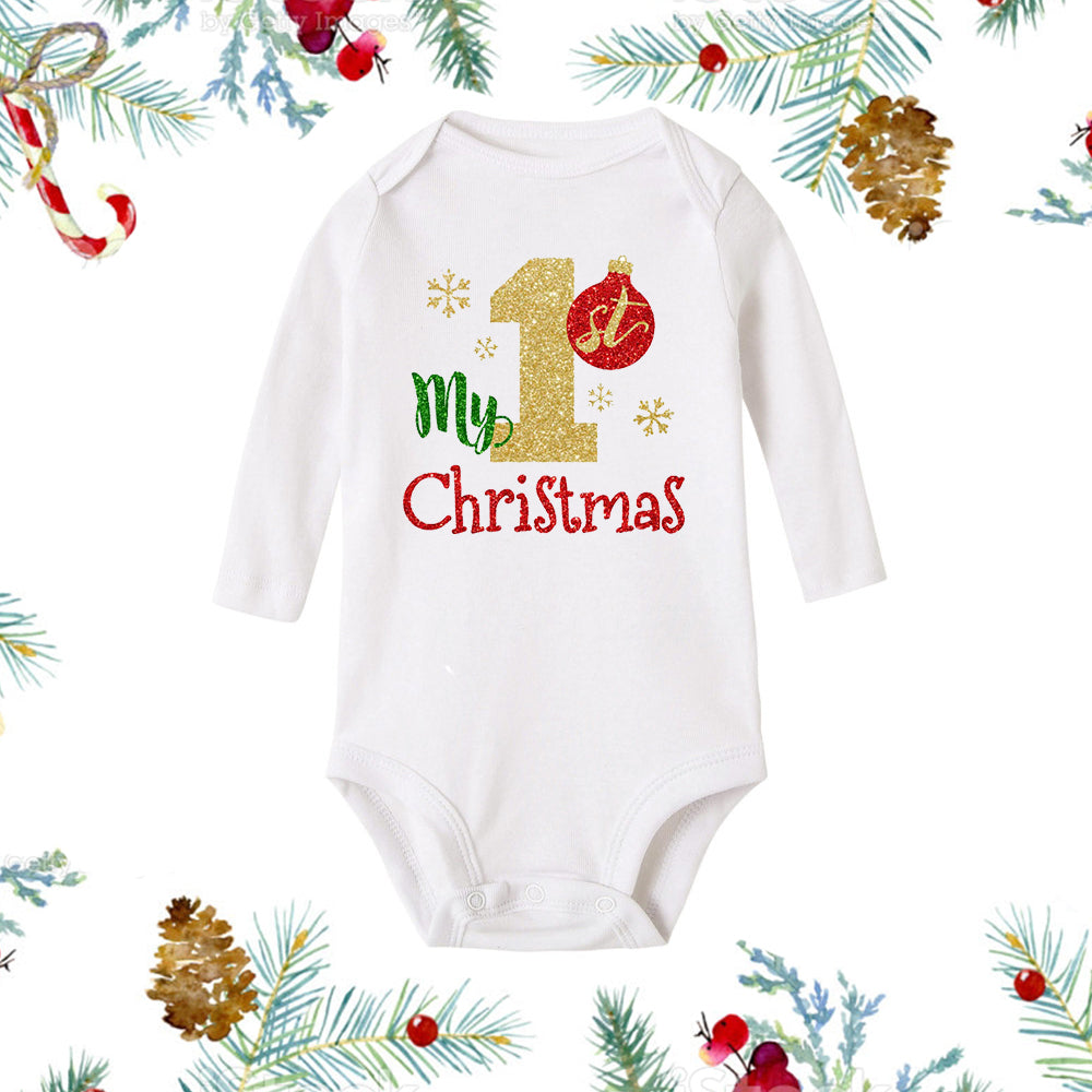My First Christmas Newborn Baby White Long Sleeve Romper Cartoon Snowman Print Outfit Infant Baptism Bodysuit Clothes Xmas Gift