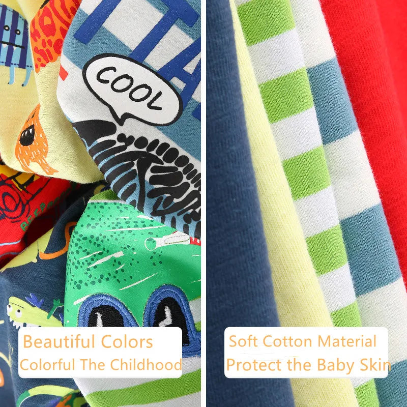 2025 Summer 2 3 4 5 6 8 10 Years Children'S Clothing Dinosaur Car Striped Tees All Match Basic Tops Cartoon T-Shirt For Kids Boy