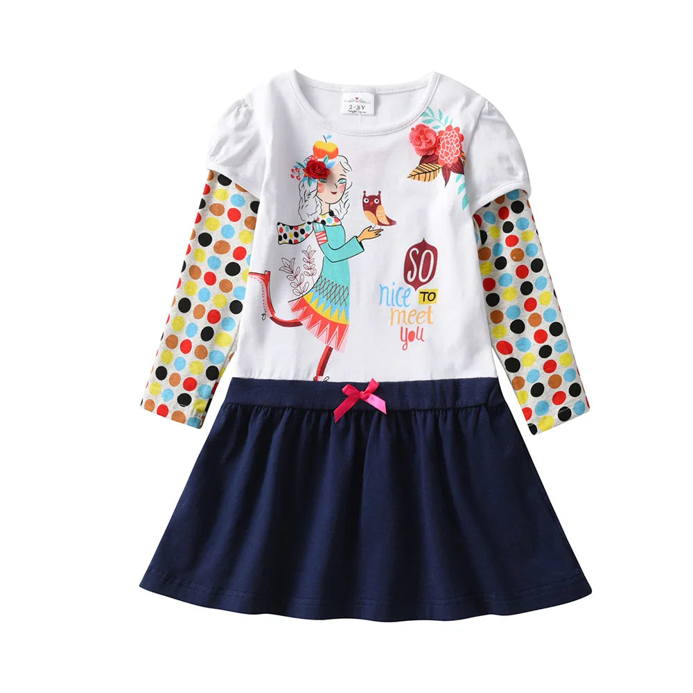 DXTON Girls Cotton Casual Long Sleeve Dresses Autumn Spring Children Polk Dot Cartoon Print Clothes Kids Patchwork Frocks Dress