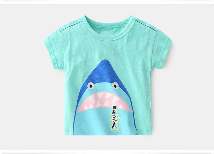 2025 Summer 2 3 4 5 6 8 10 Years Children'S Clothing Dinosaur Car Striped Tees All Match Basic Tops Cartoon T-Shirt For Kids Boy