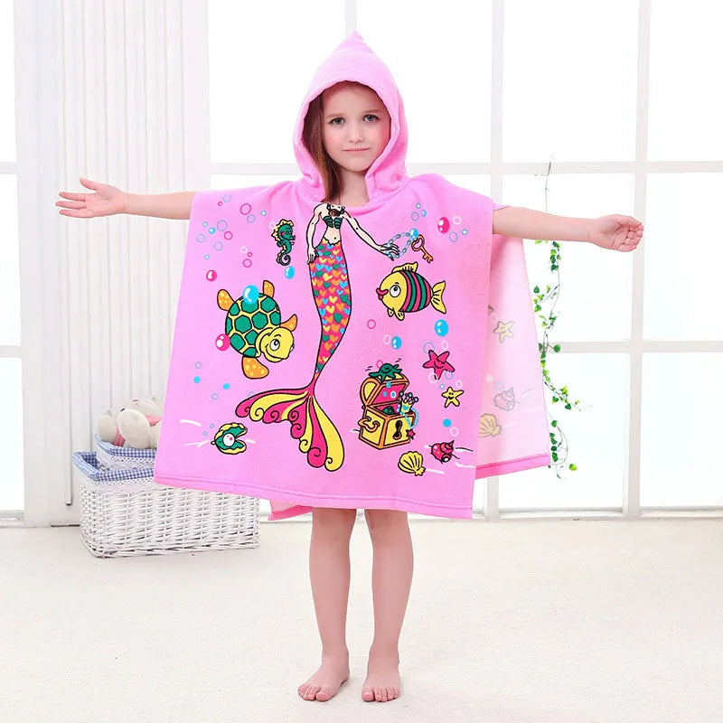 Children Cartoon Baby Hooded Cloak Beach Towel Boys Girls Kids Swimming Bath Towel Microfiber Terry Infant Bathing Wrap Bathrobe