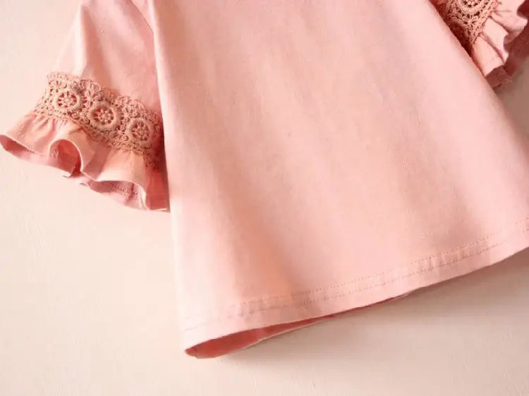 2-6 Year Baby Girl T-shirt Summer Round Neck Lace Trumpet Sleeve Kid Cotton Short Sleeve T-shirt Girl Solid Color Children Tops