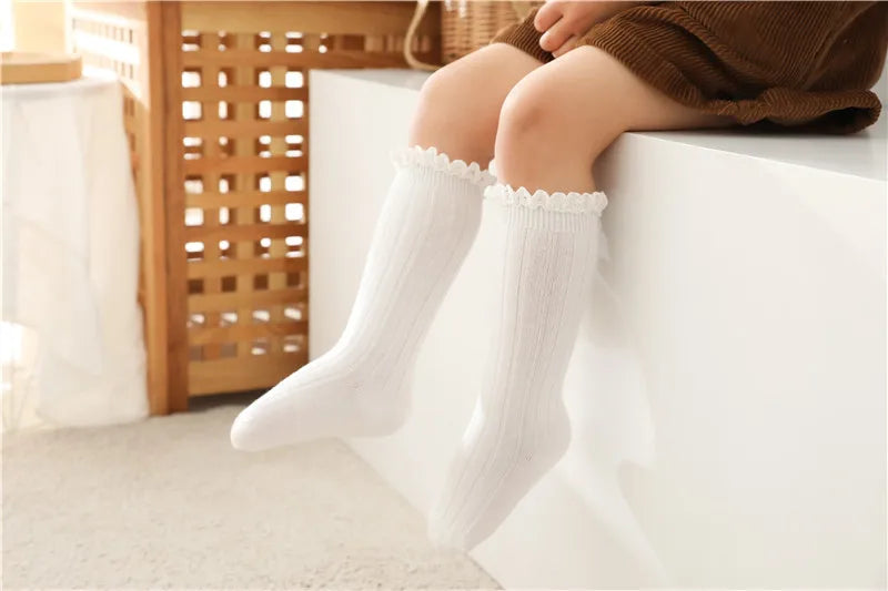 Ruffle Kids Knee High Socks Baby Girls Toddlers Long Soft Cotton Sock Lace Flower Children School Uniform Socks For 0-8Years