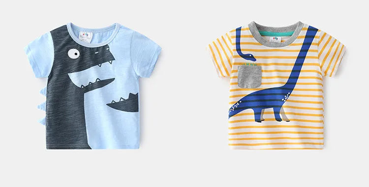 2025 Summer 2 3 4 5 6 8 10 Years Children'S Clothing Dinosaur Car Striped Tees All Match Basic Tops Cartoon T-Shirt For Kids Boy