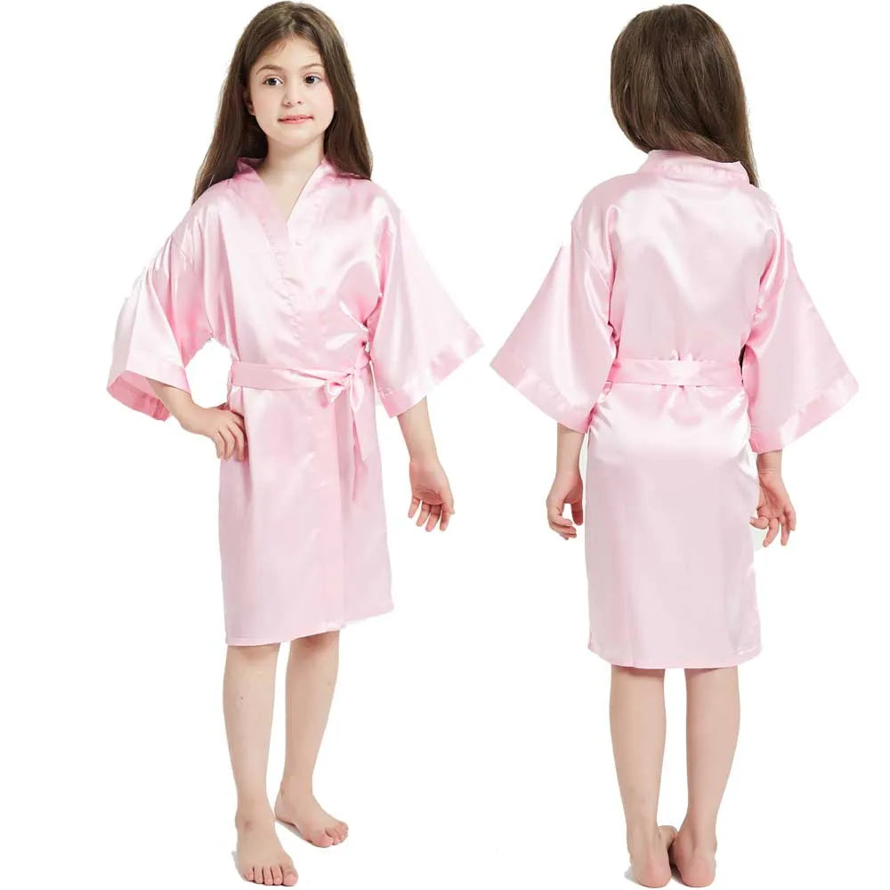 3-13Y Fashion Night Robe Satin Silk Bathrobe Teenage Girls Robe Baby Kid Kimono Bath Towel Robes Summer Nightgown Girl Sleepwear