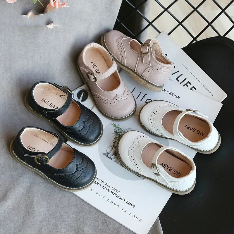 New Grils Leather Shoes Casual Girls Autumn Winter Kids Pu Show White Shoes Children's  Black Pink size 21-30 Flats