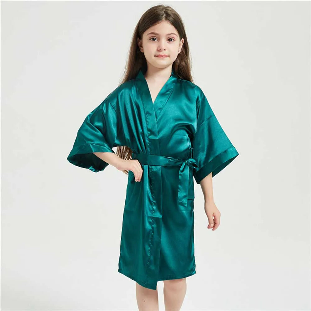 3-13Y Fashion Night Robe Satin Silk Bathrobe Teenage Girls Robe Baby Kid Kimono Bath Towel Robes Summer Nightgown Girl Sleepwear