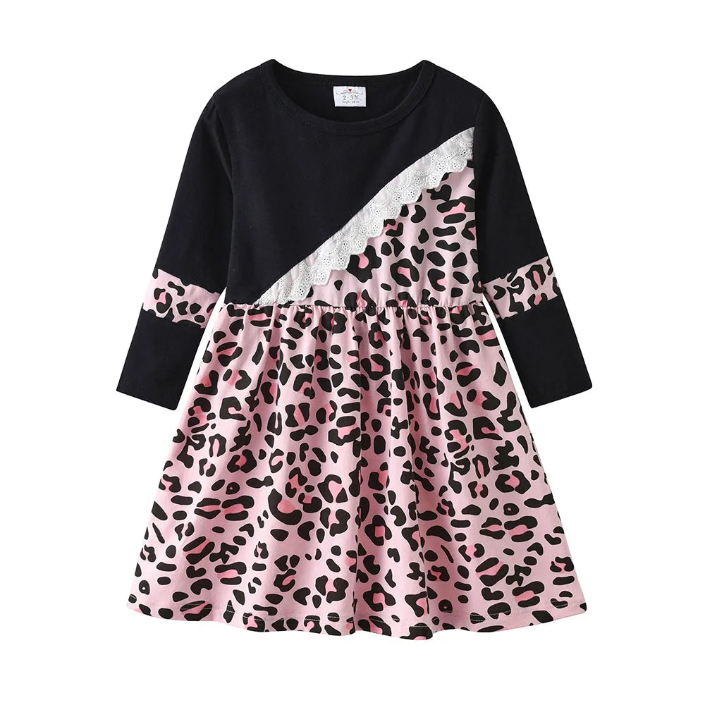 DXTON Family Matching Cotton Clothes Spring Mother and Kids Dress Women Leopard Print Kids Long Sleeve Casual Family Matching