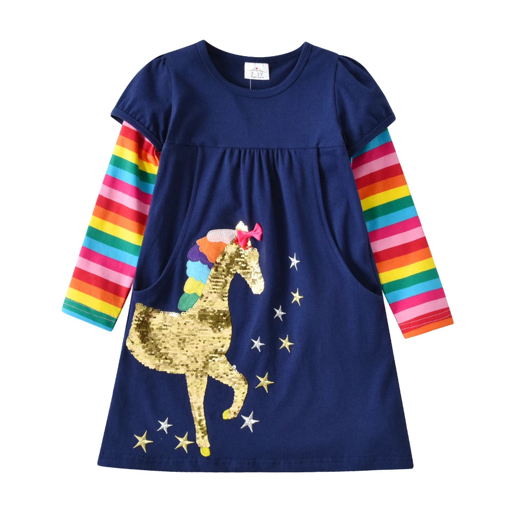 VIKITA Children Rainbow Striped Dress Girls Sequined Unicorn Dresses Kids Autumn Dress with Pockets Girl Cotton Vestidos 3-12Yrs