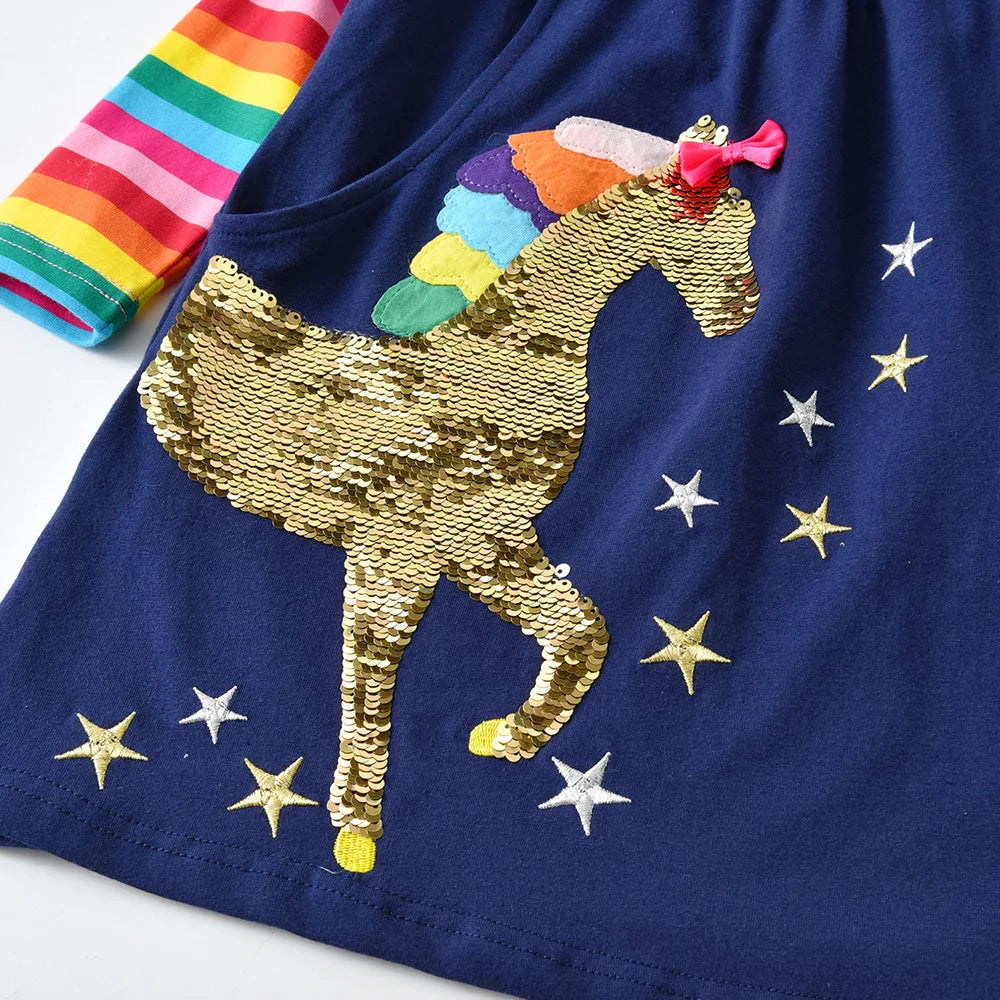 VIKITA Children Rainbow Striped Dress Girls Sequined Unicorn Dresses Kids Autumn Dress with Pockets Girl Cotton Vestidos 3-12Yrs