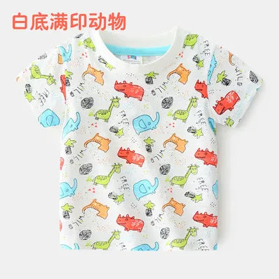2025 Summer 2 3 4 5 6 8 10 Years Children'S Clothing Dinosaur Car Striped Tees All Match Basic Tops Cartoon T-Shirt For Kids Boy