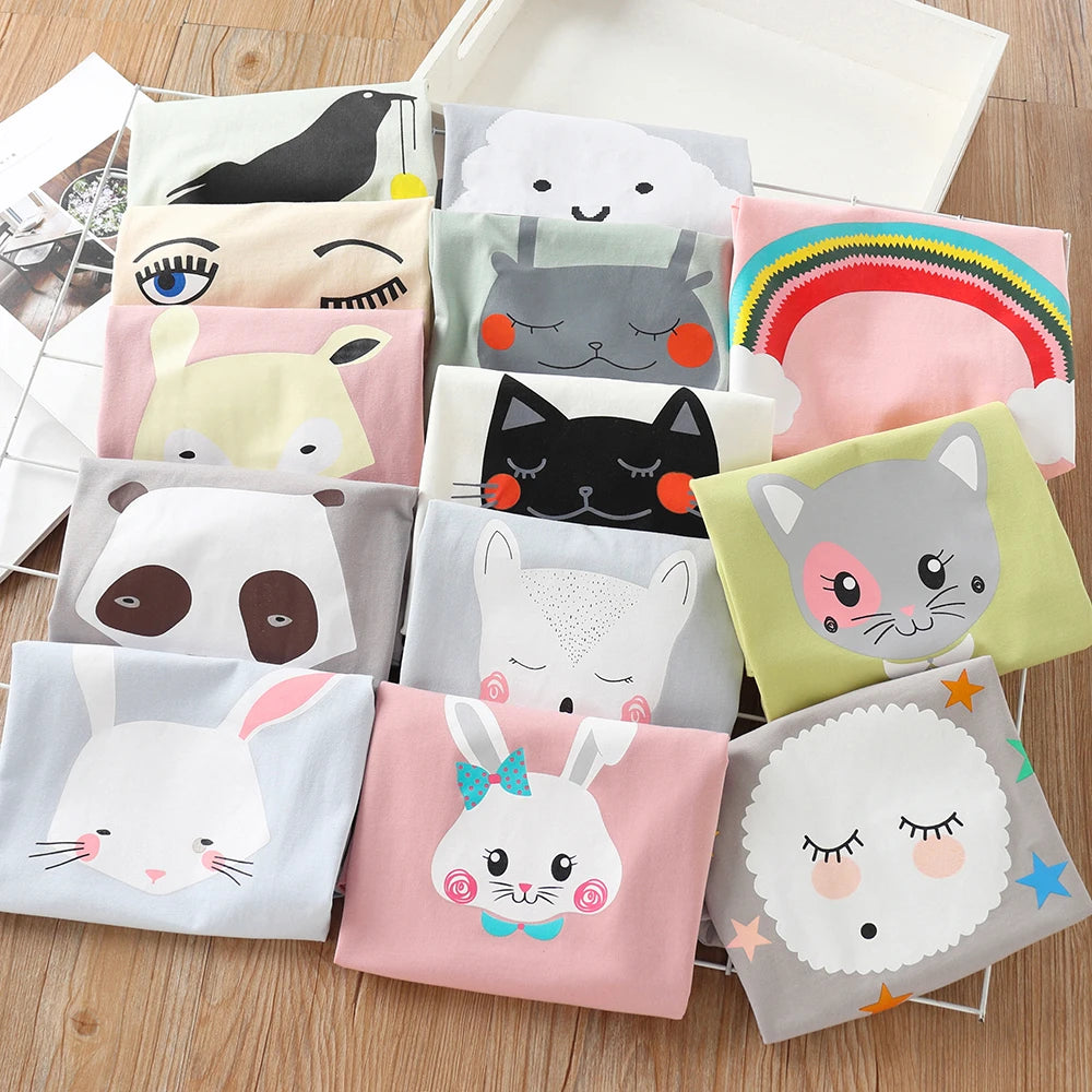 2025 Summer 2 3 4 6 8 10 Years Children Cotton Cartoon Star Bird Cat Rabbit Animal Print Short-Sleeve T-Shirt For Kids Baby Girl