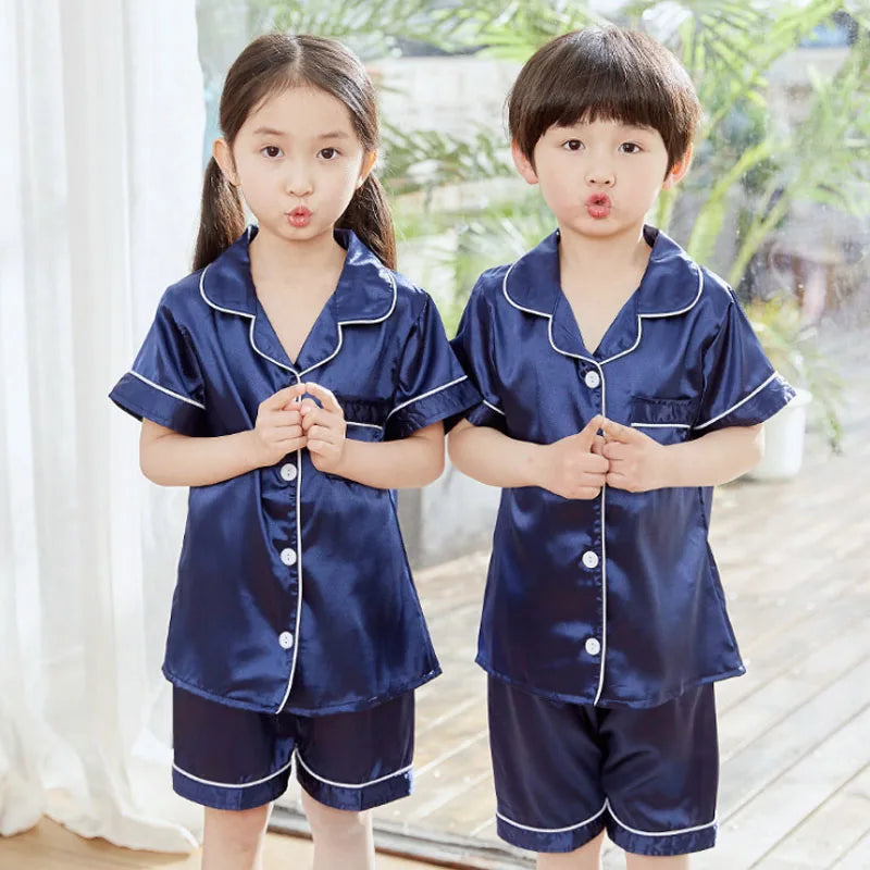 3-14 Years Boy Satin Silk Pajamas for Children Clothes Child Boy Pyjama Pants+Top Sleepwear Shorts Set Pijama Bebe Clothing Sets