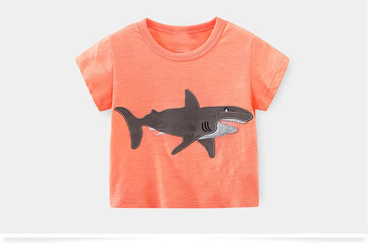 2025 Summer 2 3 4 5 6 8 10 Years Children'S Clothing Dinosaur Car Striped Tees All Match Basic Tops Cartoon T-Shirt For Kids Boy