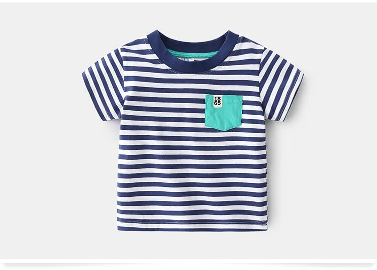 2025 Summer 2 3 4 5 6 8 10 Years Children'S Clothing Dinosaur Car Striped Tees All Match Basic Tops Cartoon T-Shirt For Kids Boy