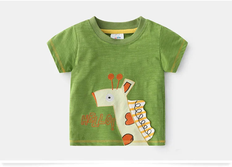 2025 Summer 2 3 4 5 6 8 10 Years Children'S Clothing Dinosaur Car Striped Tees All Match Basic Tops Cartoon T-Shirt For Kids Boy