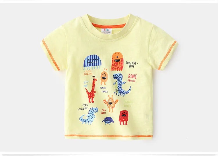 2025 Summer 2 3 4 5 6 8 10 Years Children'S Clothing Dinosaur Car Striped Tees All Match Basic Tops Cartoon T-Shirt For Kids Boy