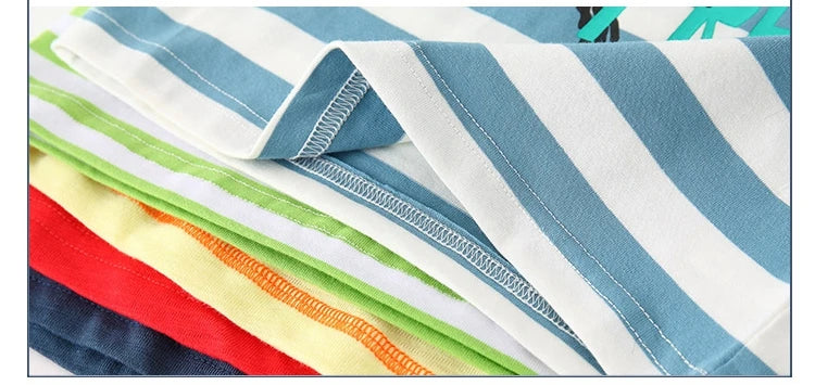 2025 Summer 2 3 4 5 6 8 10 Years Children'S Clothing Dinosaur Car Striped Tees All Match Basic Tops Cartoon T-Shirt For Kids Boy