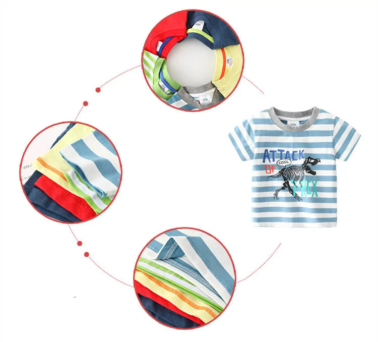 2025 Summer 2 3 4 5 6 8 10 Years Children'S Clothing Dinosaur Car Striped Tees All Match Basic Tops Cartoon T-Shirt For Kids Boy