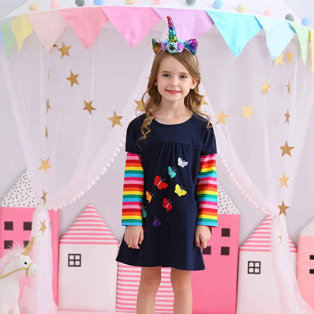 VIKITA Children Rainbow Striped Dress Girls Sequined Unicorn Dresses Kids Autumn Dress with Pockets Girl Cotton Vestidos 3-12Yrs
