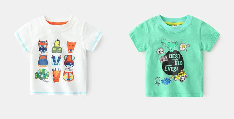 2025 Summer 2 3 4 5 6 8 10 Years Children'S Clothing Dinosaur Car Striped Tees All Match Basic Tops Cartoon T-Shirt For Kids Boy