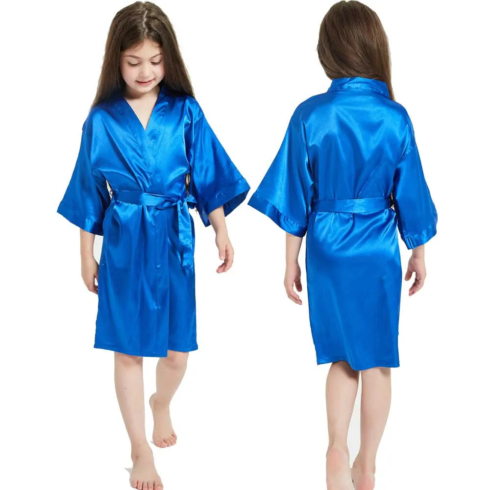 3-13Y Fashion Night Robe Satin Silk Bathrobe Teenage Girls Robe Baby Kid Kimono Bath Towel Robes Summer Nightgown Girl Sleepwear