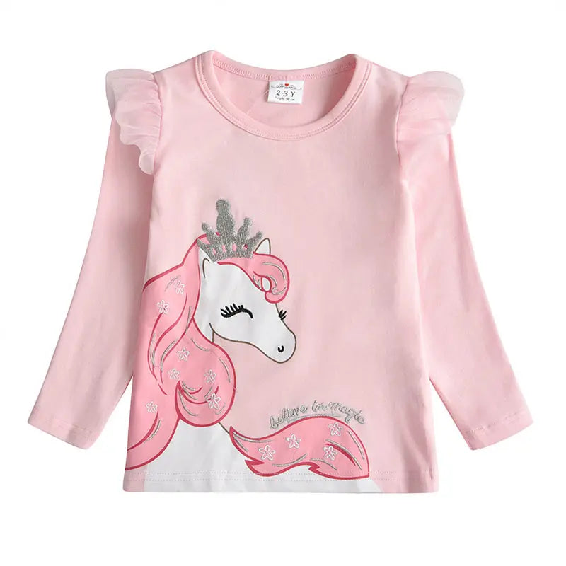 DXTON Spring Girls Long Sleeve T-shirts Children Cartoon Unicorn Girls Tops Toddlers Cotton Tees Solid Pink T shirts Outfits