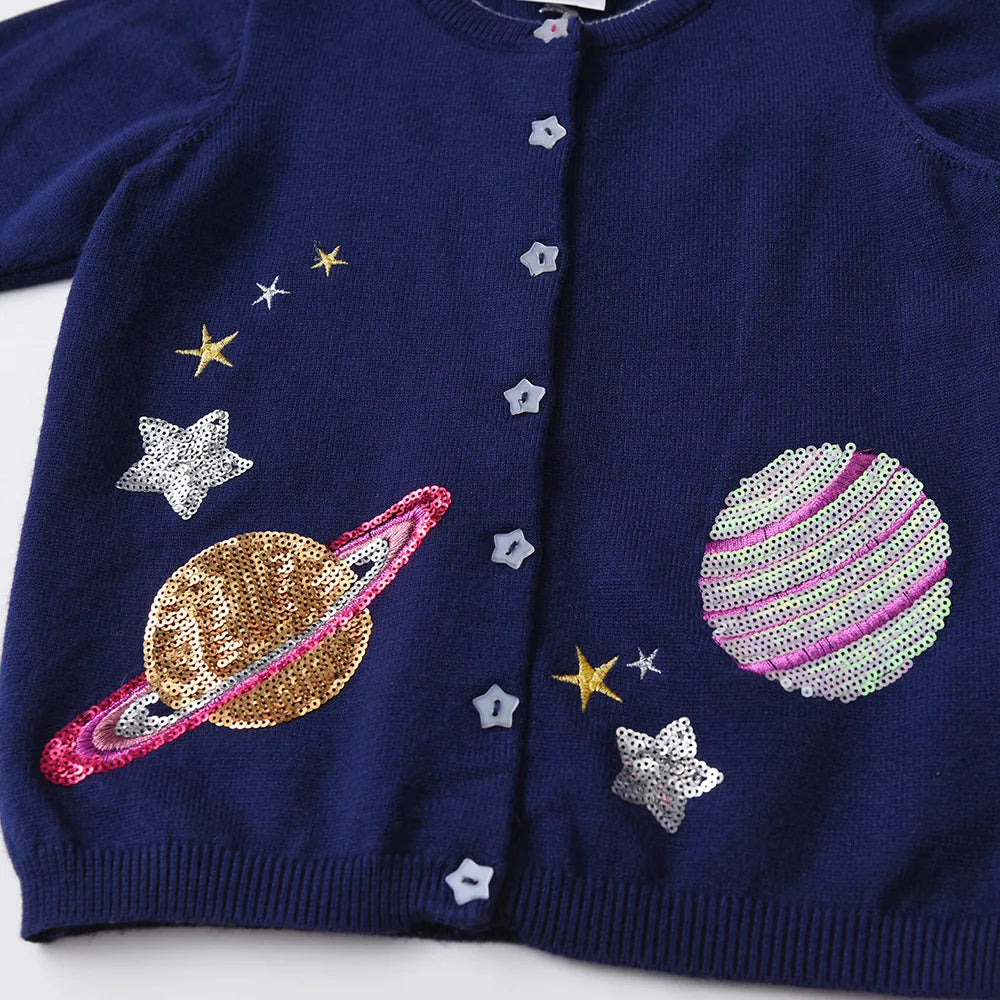 VIKITA Toddlers Navy Blue Gardigan with Sequined Planet Star Appliqued Kids Autumn Spring Fashion Casual Outfits Sweaters 3 Yrs