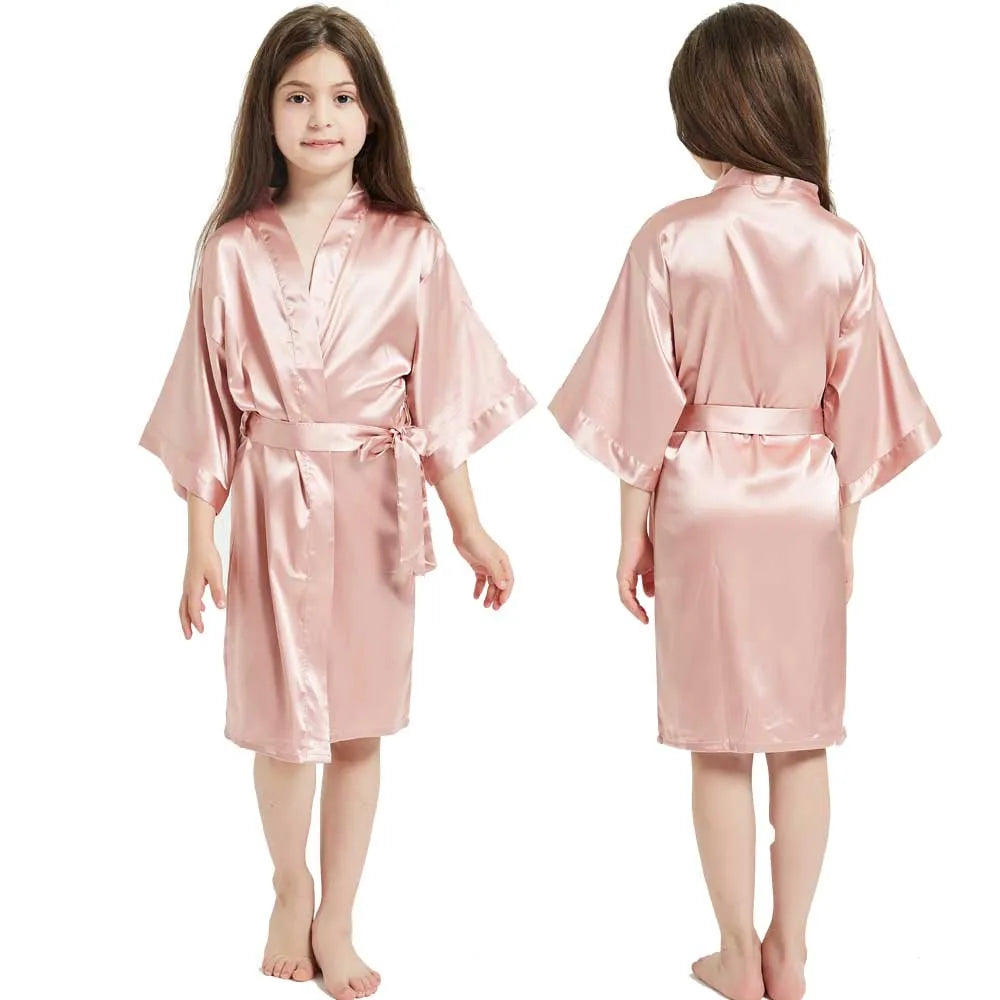 3-13Y Fashion Night Robe Satin Silk Bathrobe Teenage Girls Robe Baby Kid Kimono Bath Towel Robes Summer Nightgown Girl Sleepwear