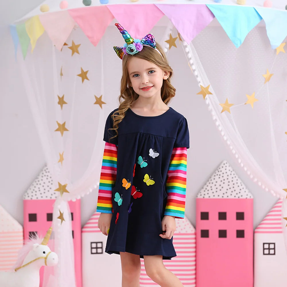 VIKITA Children Rainbow Striped Dress Girls Sequined Unicorn Dresses Kids Autumn Dress with Pockets Girl Cotton Vestidos 3-12Yrs