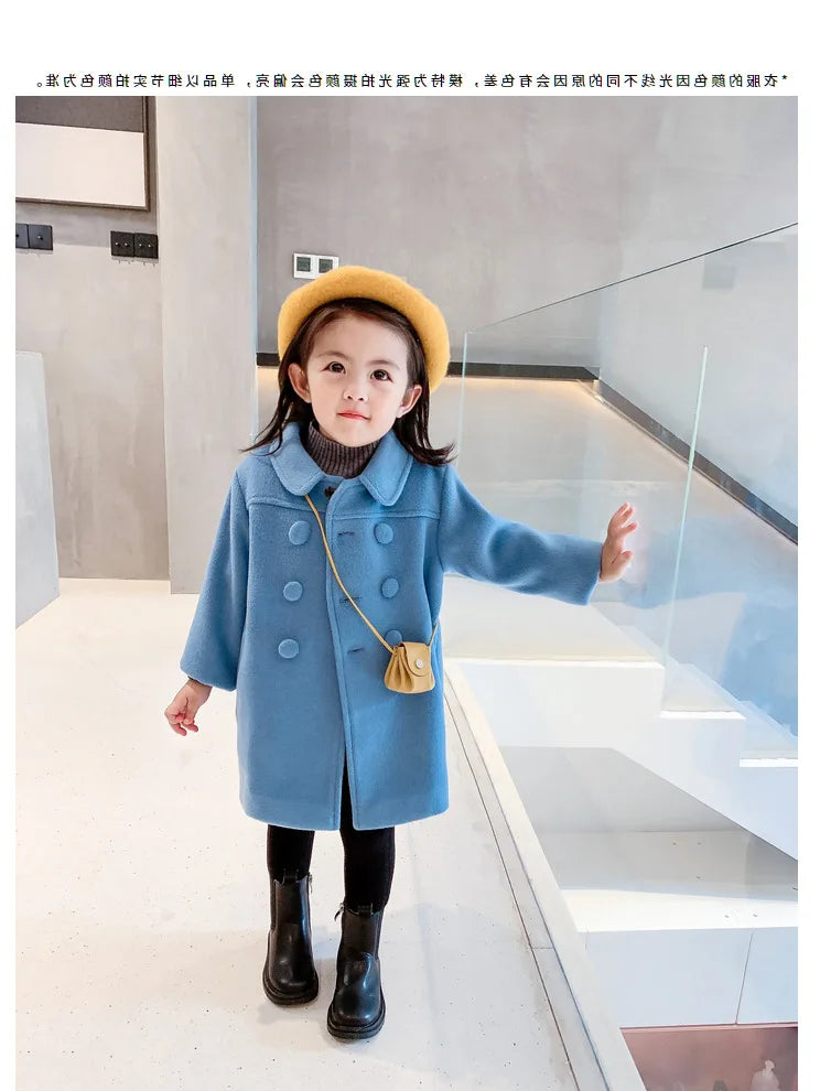 Double Breasted Girls Woolen Coats Autumn Winter Trench Jacket Coat 2-6Yrs Children Clothes For Kids Outerwear Birthday Present