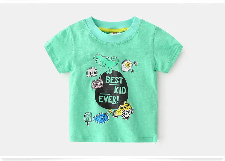 2025 Summer 2 3 4 5 6 8 10 Years Children'S Clothing Dinosaur Car Striped Tees All Match Basic Tops Cartoon T-Shirt For Kids Boy
