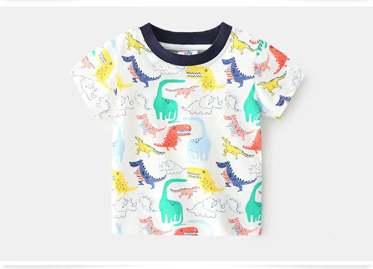 2025 Summer 2 3 4 5 6 8 10 Years Children'S Clothing Dinosaur Car Striped Tees All Match Basic Tops Cartoon T-Shirt For Kids Boy