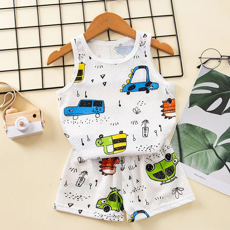 2 4 6 8 9 Year Baby Boy Pajamas Girl Sets Vest+Short Kids Sleepwear Suit Cotton Hollow Pink Car Rainbow Children Pyjamas Toddler