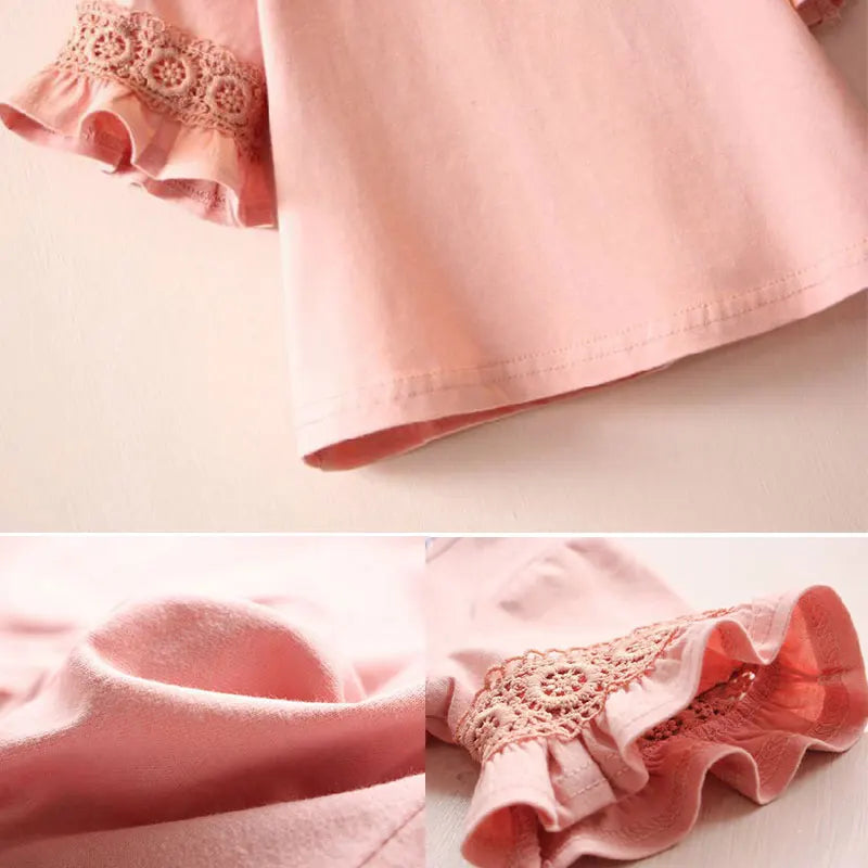 2-6 Year Baby Girl T-shirt Summer Round Neck Lace Trumpet Sleeve Kid Cotton Short Sleeve T-shirt Girl Solid Color Children Tops