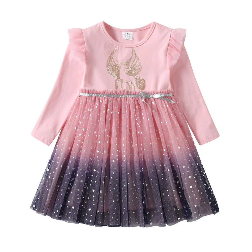 VIKITA Girl Autumn Winter Dress Kids Gradient Long Sleeve Princess Mesh Tulle Dress Kids Unicorn Rabbit Cartoon Elegant Dresses