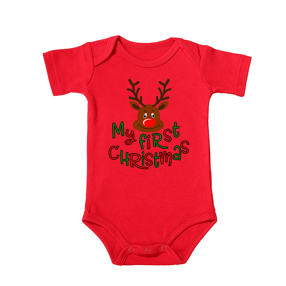 My First Christmas Kids Red Short Sleeve Jumpsuit Fashion Toddler Boy Girl Infant Outfit Clothes Cute Deer Print Xmas Best Gift