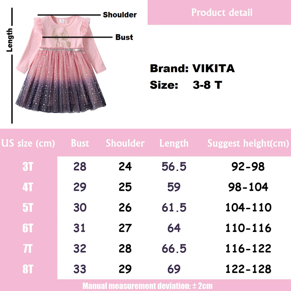 VIKITA Girl Autumn Winter Dress Kids Gradient Long Sleeve Princess Mesh Tulle Dress Kids Unicorn Rabbit Cartoon Elegant Dresses