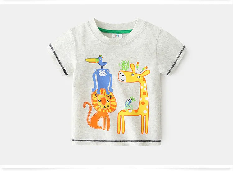 2025 Summer 2 3 4 5 6 8 10 Years Children'S Clothing Dinosaur Car Striped Tees All Match Basic Tops Cartoon T-Shirt For Kids Boy