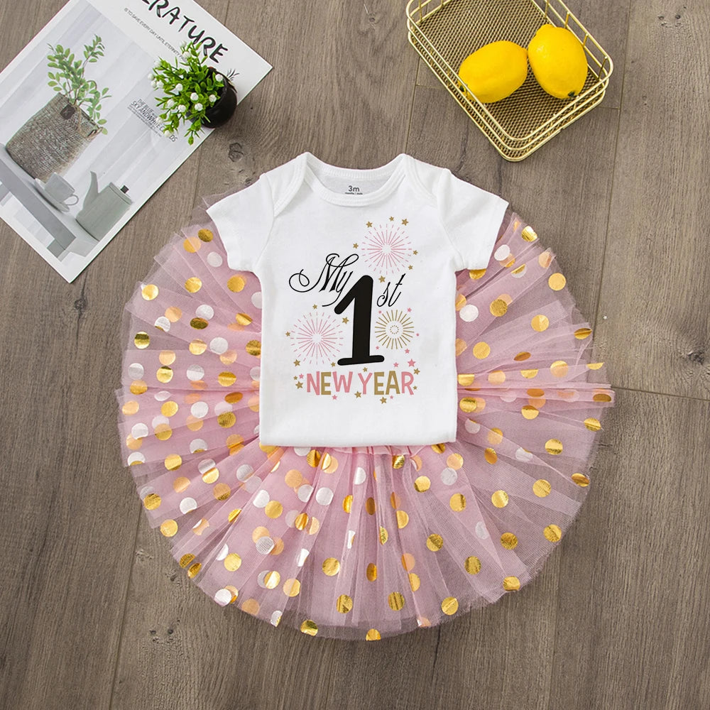 My First New Year Newborn Girl Cake Dresses Short Sleeve Romper Fashion Bodysuit Baby Girl Outfit Clothes New Year Holiday Gift
