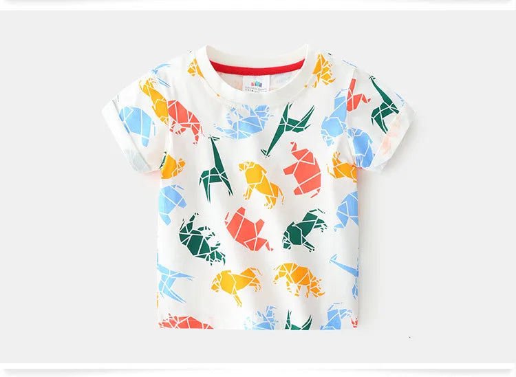 2025 Summer 2 3 4 5 6 8 10 Years Children'S Clothing Dinosaur Car Striped Tees All Match Basic Tops Cartoon T-Shirt For Kids Boy