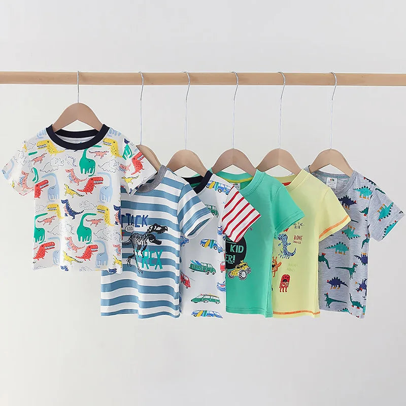 2025 Summer 2 3 4 5 6 8 10 Years Children'S Clothing Dinosaur Car Striped Tees All Match Basic Tops Cartoon T-Shirt For Kids Boy