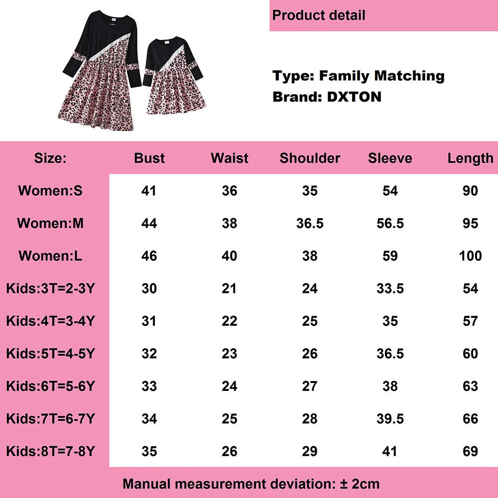 DXTON Family Matching Cotton Clothes Spring Mother and Kids Dress Women Leopard Print Kids Long Sleeve Casual Family Matching