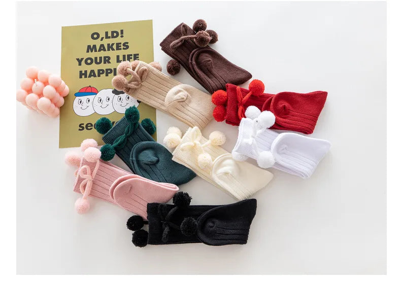 Baby Girls Cherry Ball Knee High Socks Toddler Tube British Style Princess Socks For Kids Knitted Sock Leg Warmer 0-5Years