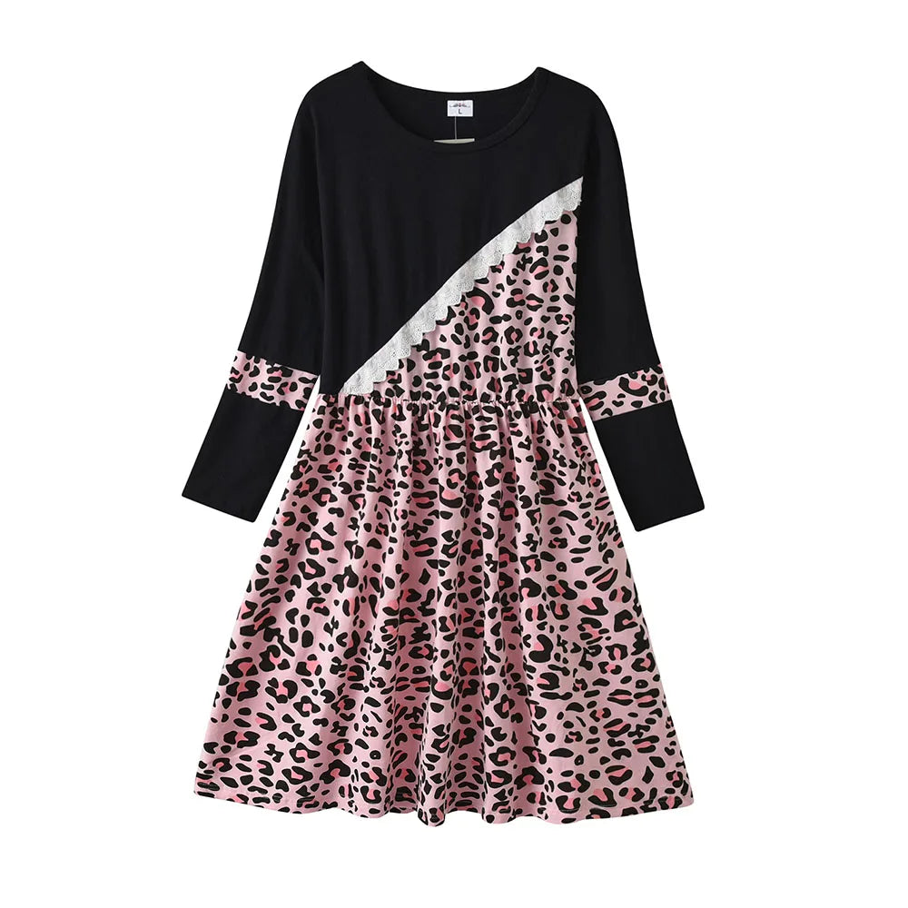 DXTON Family Matching Cotton Clothes Spring Mother and Kids Dress Women Leopard Print Kids Long Sleeve Casual Family Matching