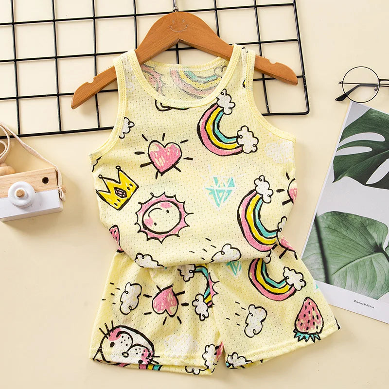 2 4 6 8 9 Year Baby Boy Pajamas Girl Sets Vest+Short Kids Sleepwear Suit Cotton Hollow Pink Car Rainbow Children Pyjamas Toddler
