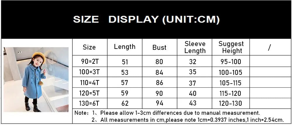 Double Breasted Girls Woolen Coats Autumn Winter Trench Jacket Coat 2-6Yrs Children Clothes For Kids Outerwear Birthday Present