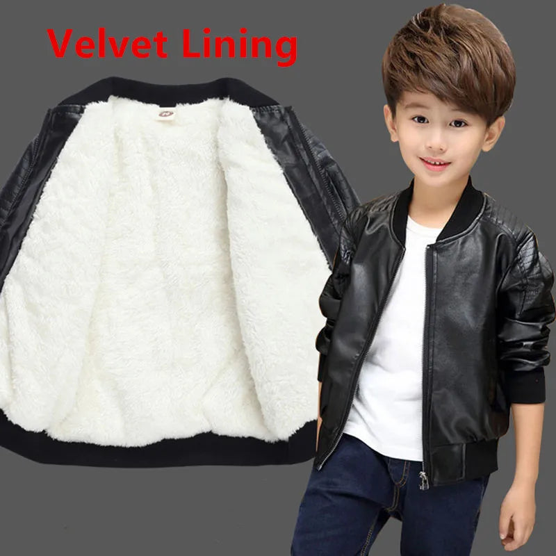Boys Coats Autumn Winter Fashion Children's Plus Velvet / No Velvet Two styles Warming Cotton PU Leather Jacket For 1-11Y Kids