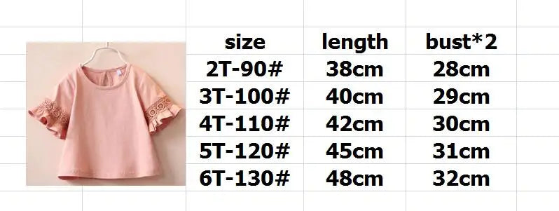 2-6 Year Baby Girl T-shirt Summer Round Neck Lace Trumpet Sleeve Kid Cotton Short Sleeve T-shirt Girl Solid Color Children Tops